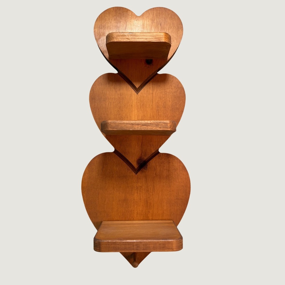Vintage Wooden Shelf Triple Heart Tiered Trinket Display Country Cottagecore 80s